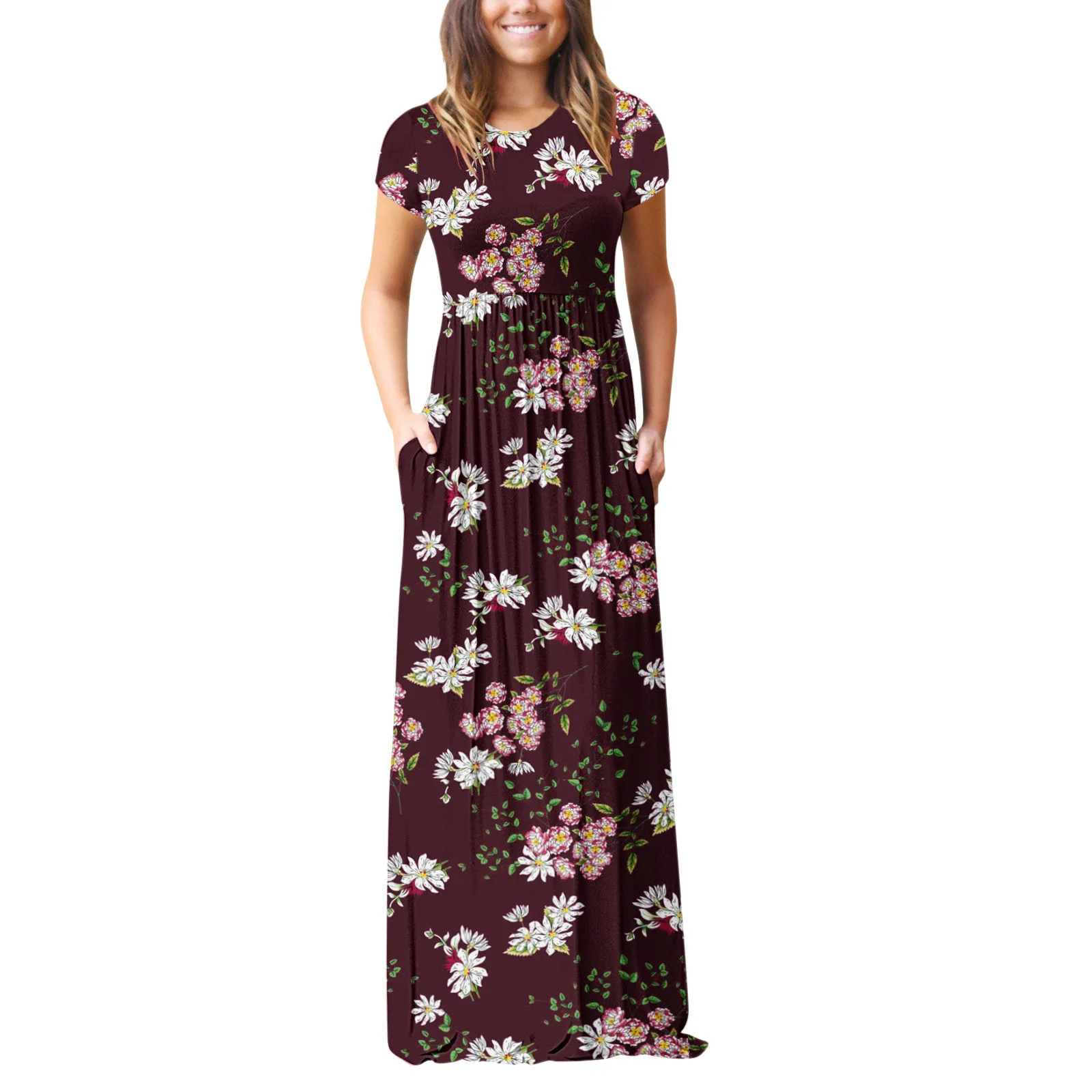 

Женское длинное пляжное платье с коротким рукавом, круглым вырезом и карманами