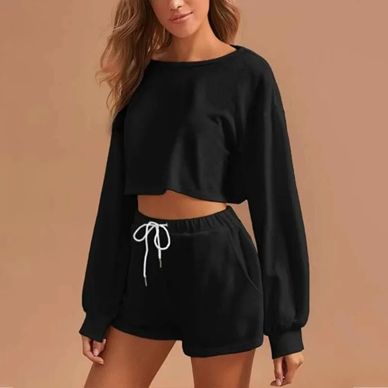 

Women’s Casual 2 Pieces Set Long Sleeve O Neck Crop Top Matching High Waist Loose Sports Shorts Fashion Female Tracksuits Suits
