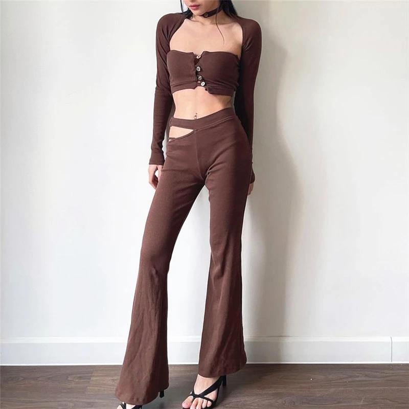 

Women Pants Suits Streetwear 2Pcs Solid Brown Long Sleeve Buttons Crop Tops+ Cutout Long Trousers Fashion Sexy Ribbed Outfits
