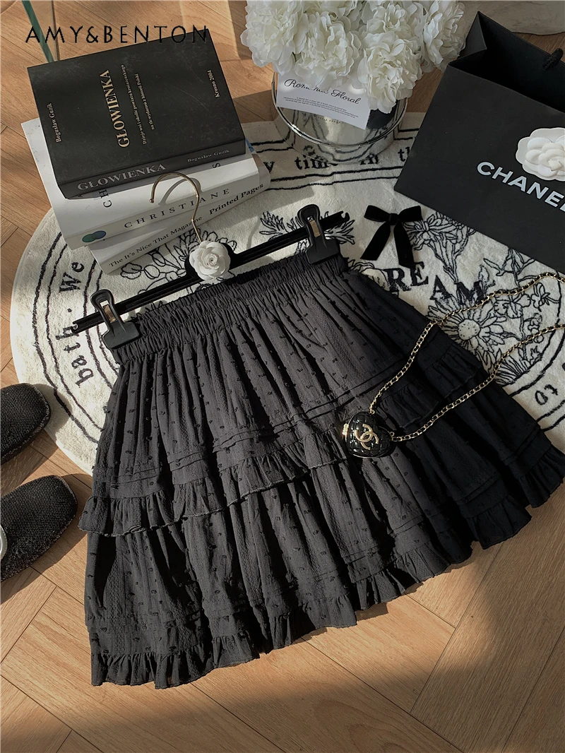 

Lolita Girl Black Ballet Skirt Vintage Girl Pleated High Waist Slimming Short Pettiskirt Women Summer New Ruffles Short Skirts