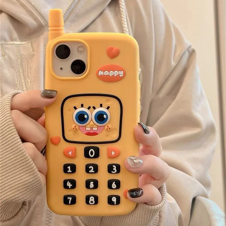 

3D Anime Cartoon SpongeBob SquarePants With Lanyard Silica gel Phone Case For iPhone 14 13 12 11 Pro Max X XR XS MAX Soft Cover