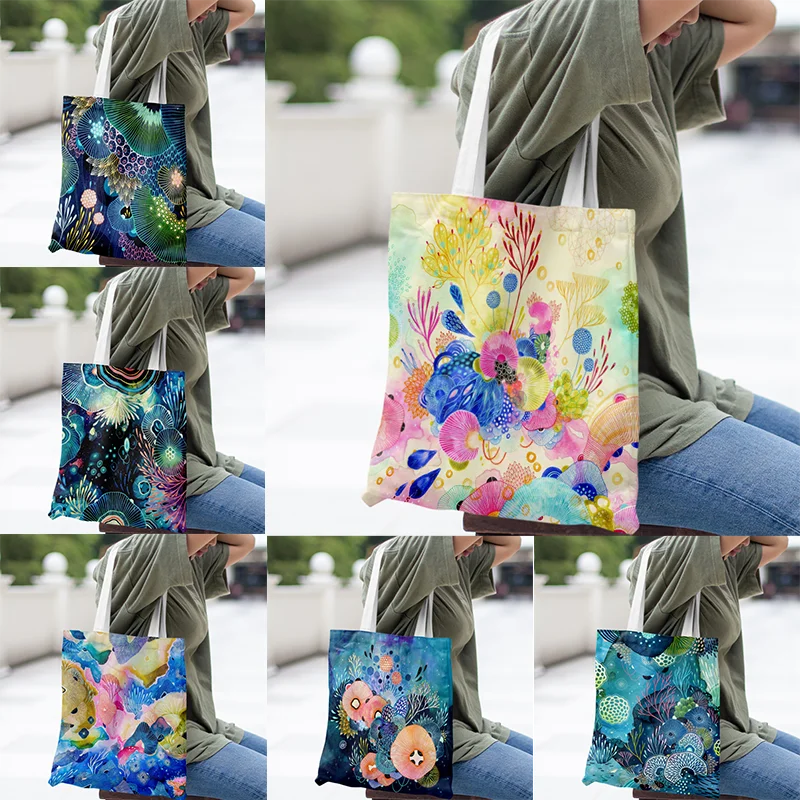 

Подводный мир штамп Женская Коралловая Холщовая Сумка Экологически чистая сумка для покупок вместительная моющаяся сумка через плечо