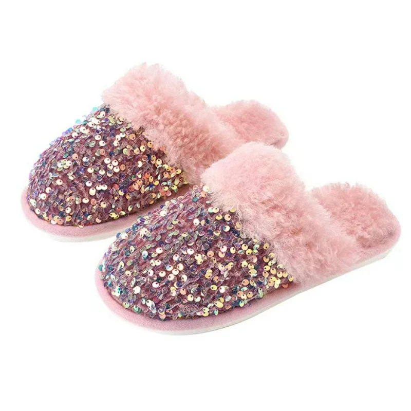 

Женские домашние хлопковые тапочки, Короткие Плюшевые Нескользящие тапки, блестящие, плоская подошва, модная зимняя обувь
