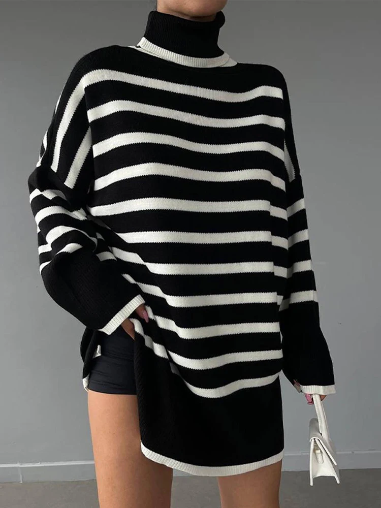 

Autumn Winter Oversized Striped Split Turtleneck Sweater For Women Wide Sleeve Knitted Jumpers Fashion Lady Streetwear Pullover