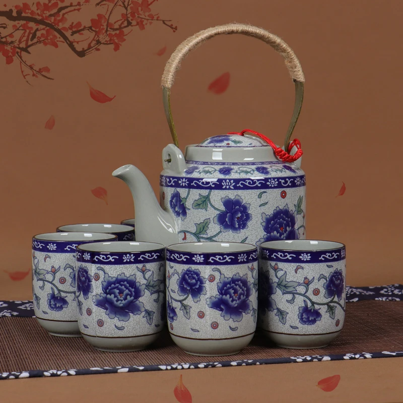 Jingdezhen Ceramic Teapot Large Vintage Blue and White Porcelain Lifting Beam Pot Set