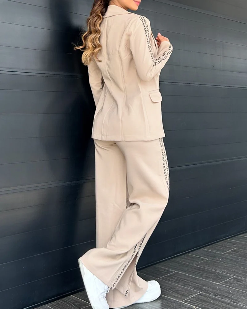 Женский леопардовый костюм из 2 предметов блейзер с английским воротником и