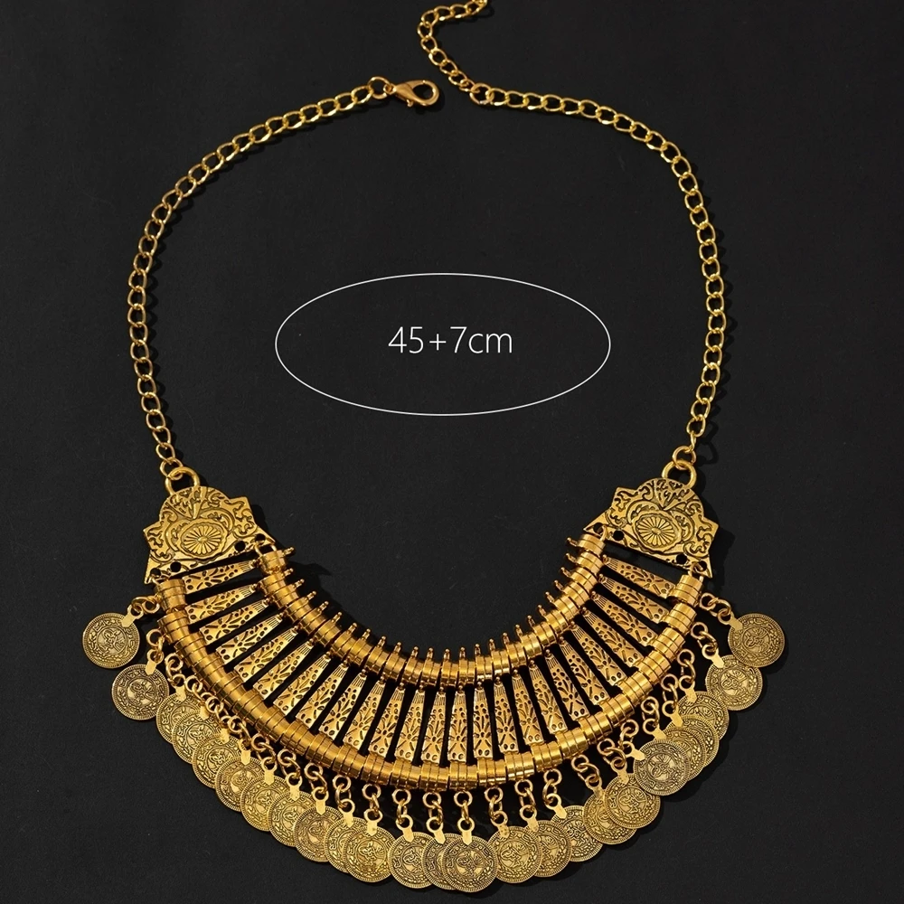 Этническое винтажное антикварное металлическое монетное массивное ожерелье с