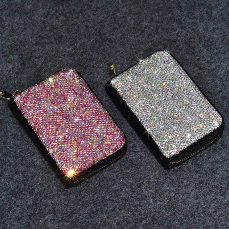 

Bling Diamond-Studded Business Card Bag ID Driver’s License Holographic Packaging Bank Card Holder Rhinestone Leather Wallet