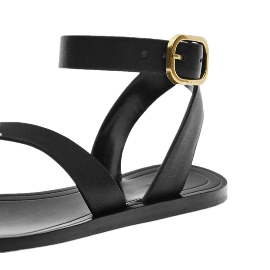 Dave&Di French Blogger Retro Leather Roman Metal Buckle Sandals Fashion Flat Sandals Women For Summer