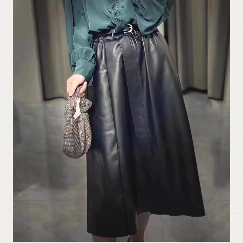 

Women Long Skirt 100% Natural Sheepskin Genuine Leather 2023 Fashion Female Design A Real Slim Hip Skirt H9190