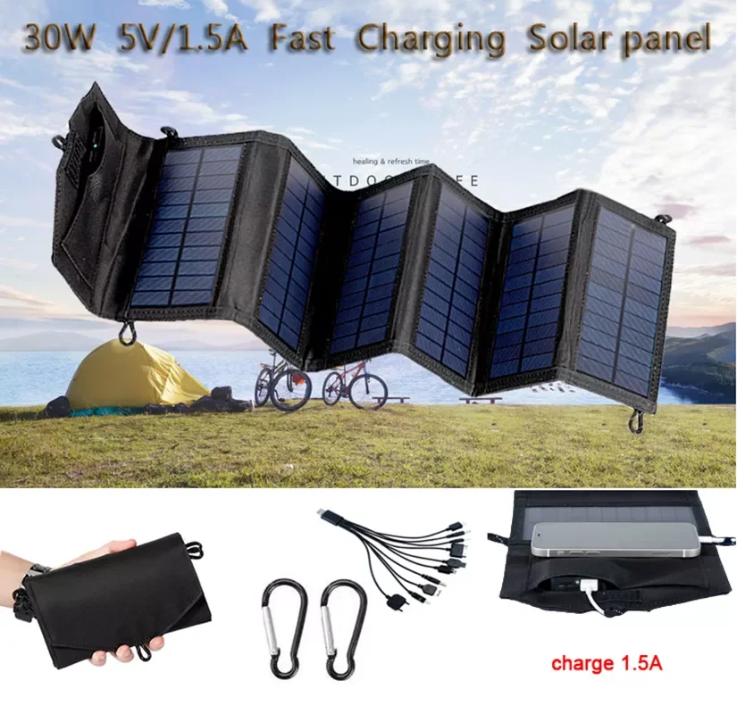 

2023NEW 30W Foldable USB Solar Panel Solar Cell Portable Folding Waterproof Solar Panel folded Outdoor Mobile Power Battery Char