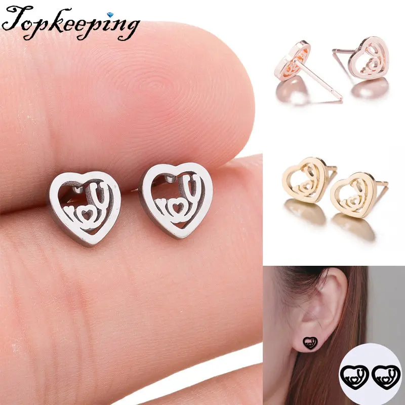 

I Love U HEART Stainless Steel Earrings For Women Fashion Hollow Ear Piercing Jewelry Wedding Studs Pendientes 1Pair