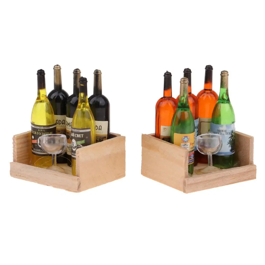

Miniature Wine Champagne Bottles Goblet Kits With Storage Rack 1:12 Dollhouse Bar Accessory 2 Sets