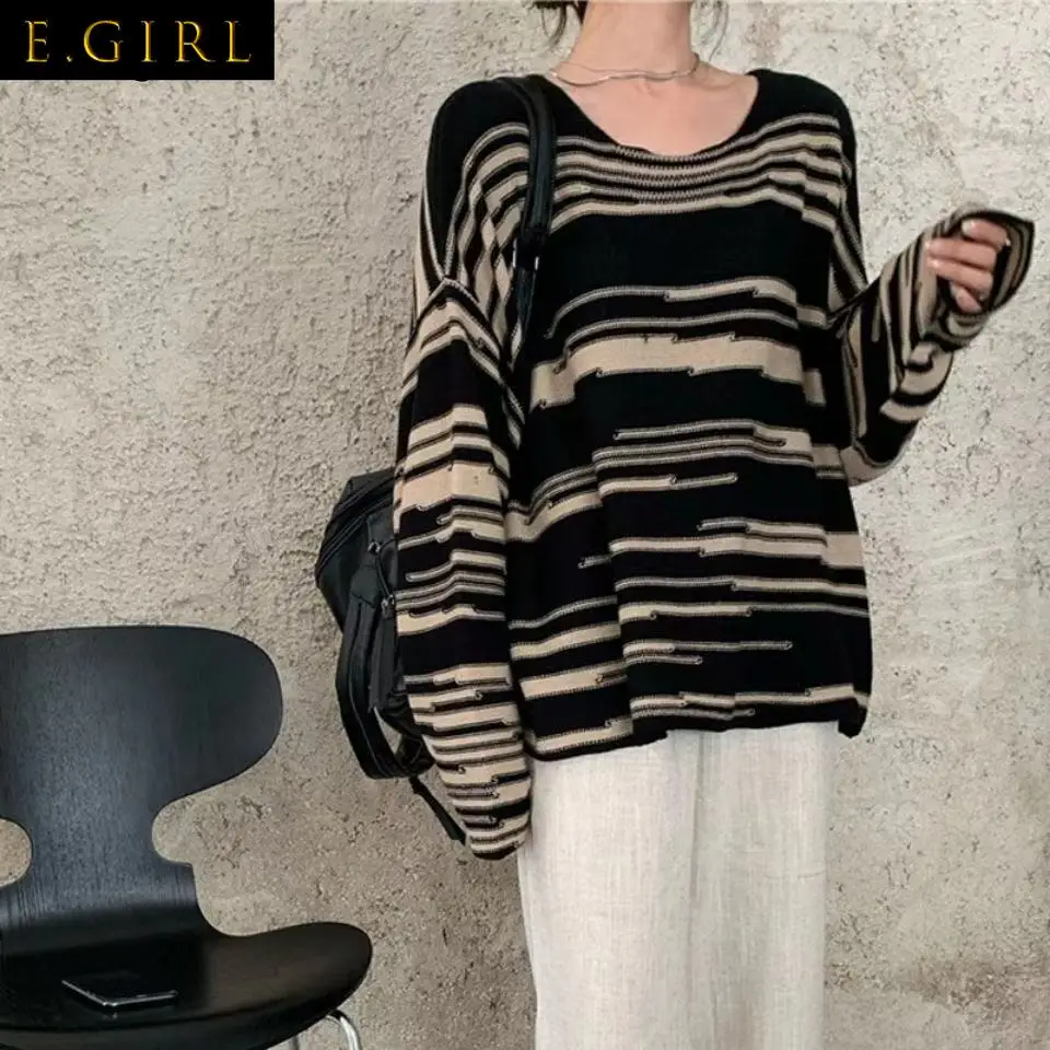 

Пуловеры женские свободные с круглым вырезом, модные Универсальные минималистичные полосатые вязаные пуловеры в стиле Ins для отдыха, с длин...