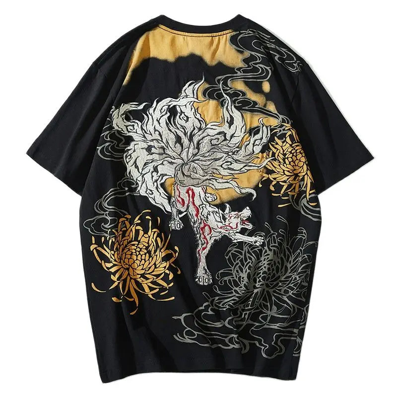 

Chrysanthemum Heavy Work Embroidered T Shirt High Street Men Boys Vintage Casual Streetwear O-Neck Crewneck Fashion Cotton