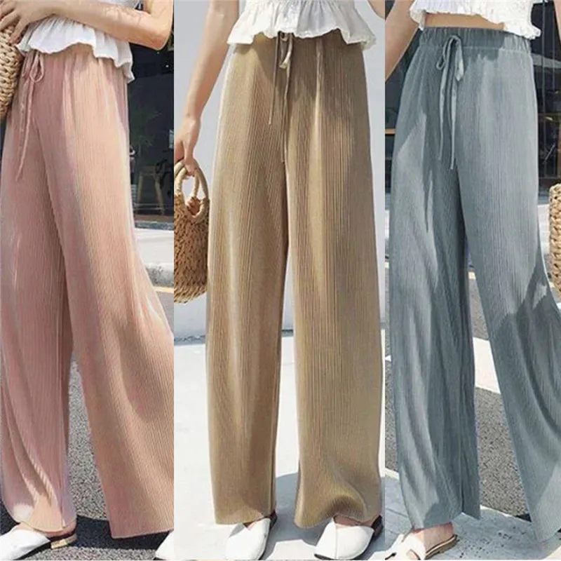 Summer Wide Leg Pants For Women Casual Elastic High Waist 2023 New Fashion Loose Long Pants Pleated Pant Trousers Femme