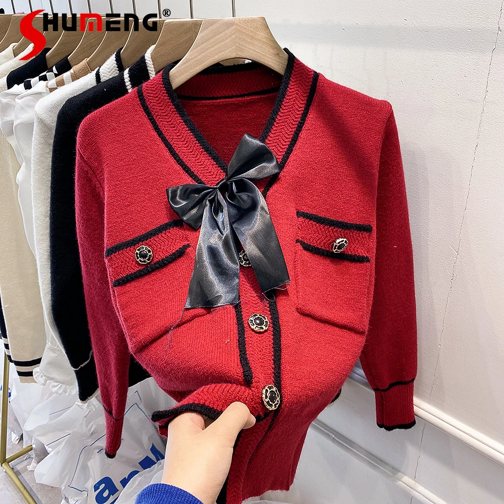 

Sweet Bow Contrast Color Knitted Sweater Coat Women 2022 Autumn Winter New High-End V-neck Red Sweater Cardigan Jacket OuterWear