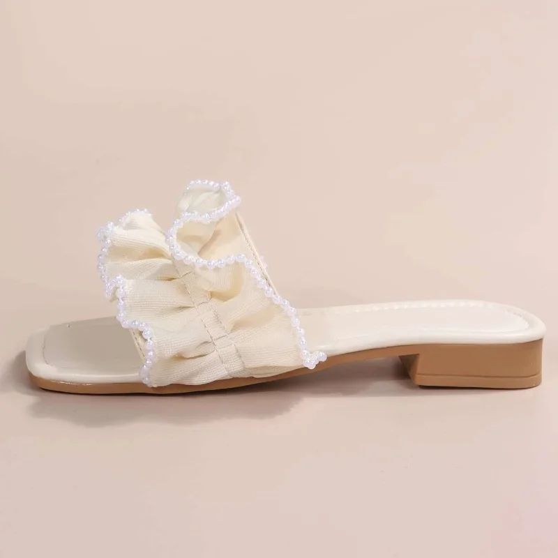Women's Faux Pearl Decor Ruffle Trim Slides Fashion Casual Sweet Outdoor Flats Slippers Summer Open Toe Sandals Cute Pumps Shoes