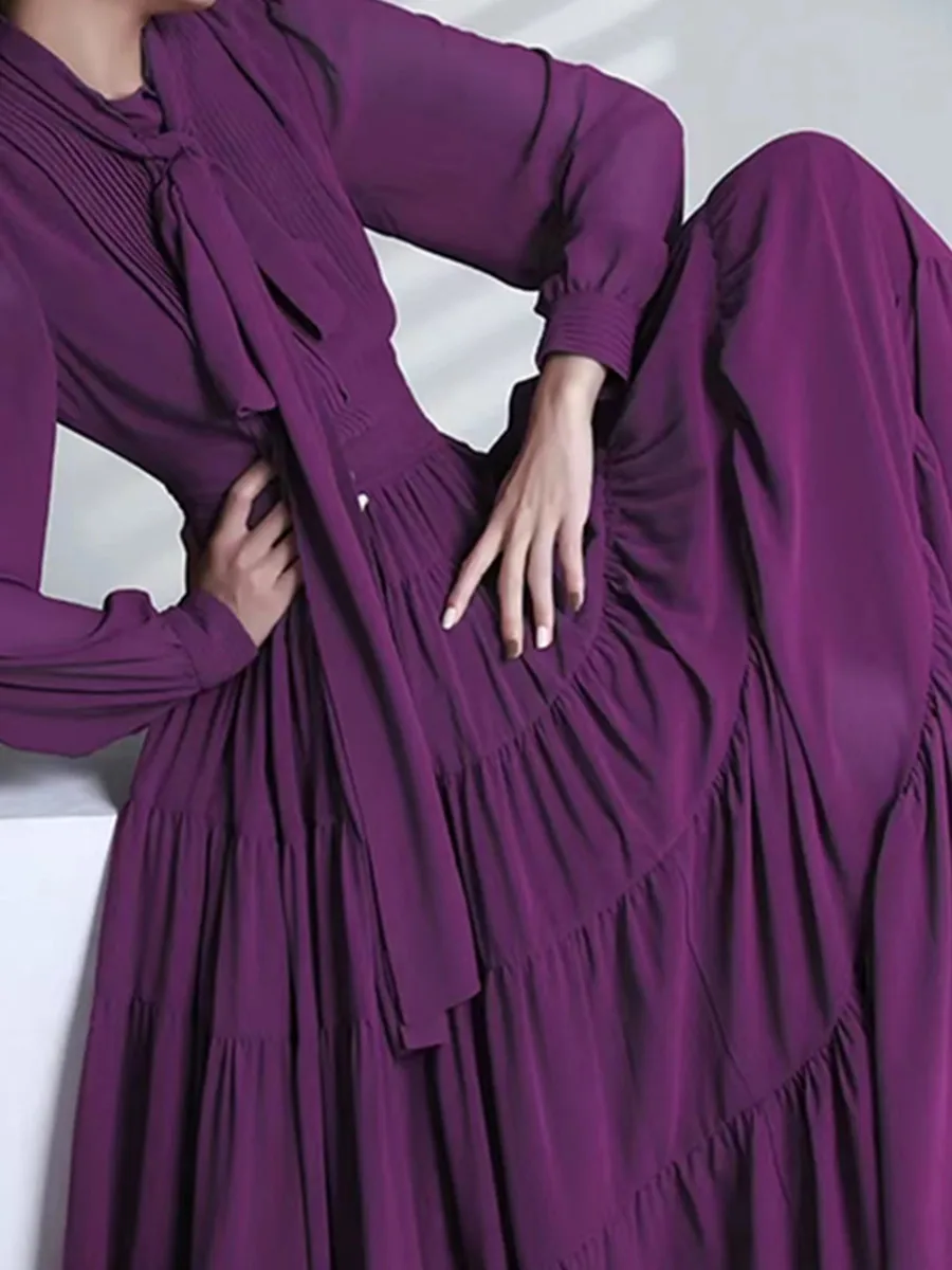 Elegant and Elegant Lace up Collar Large Swing Long Dress Social Celebrity Party Dress Gorgeous Autumn Full Sleeve Prom Dress