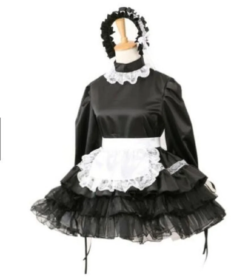 Черное атласное платье запираемый французский фартук рабочее косплей