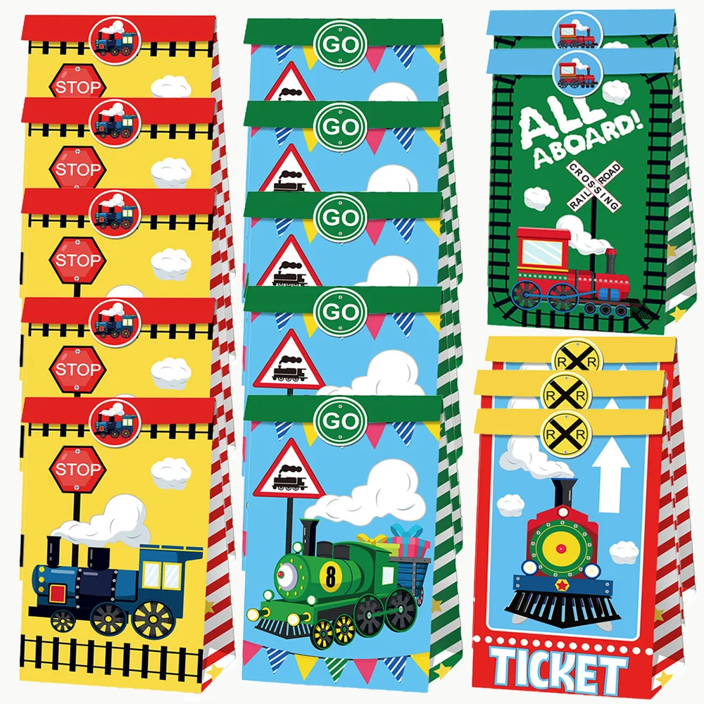 

24 Pcs Railroad Train Birthday Party Favor Bag Train Crossing Gift Treat Bag Steam Goodie Candy Paper Bag Baby Shower Supplies
