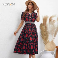 keby zj summer dress women 2022 casual short sleeve v neck long party dresses elastic waist elegant floral female midi dress
