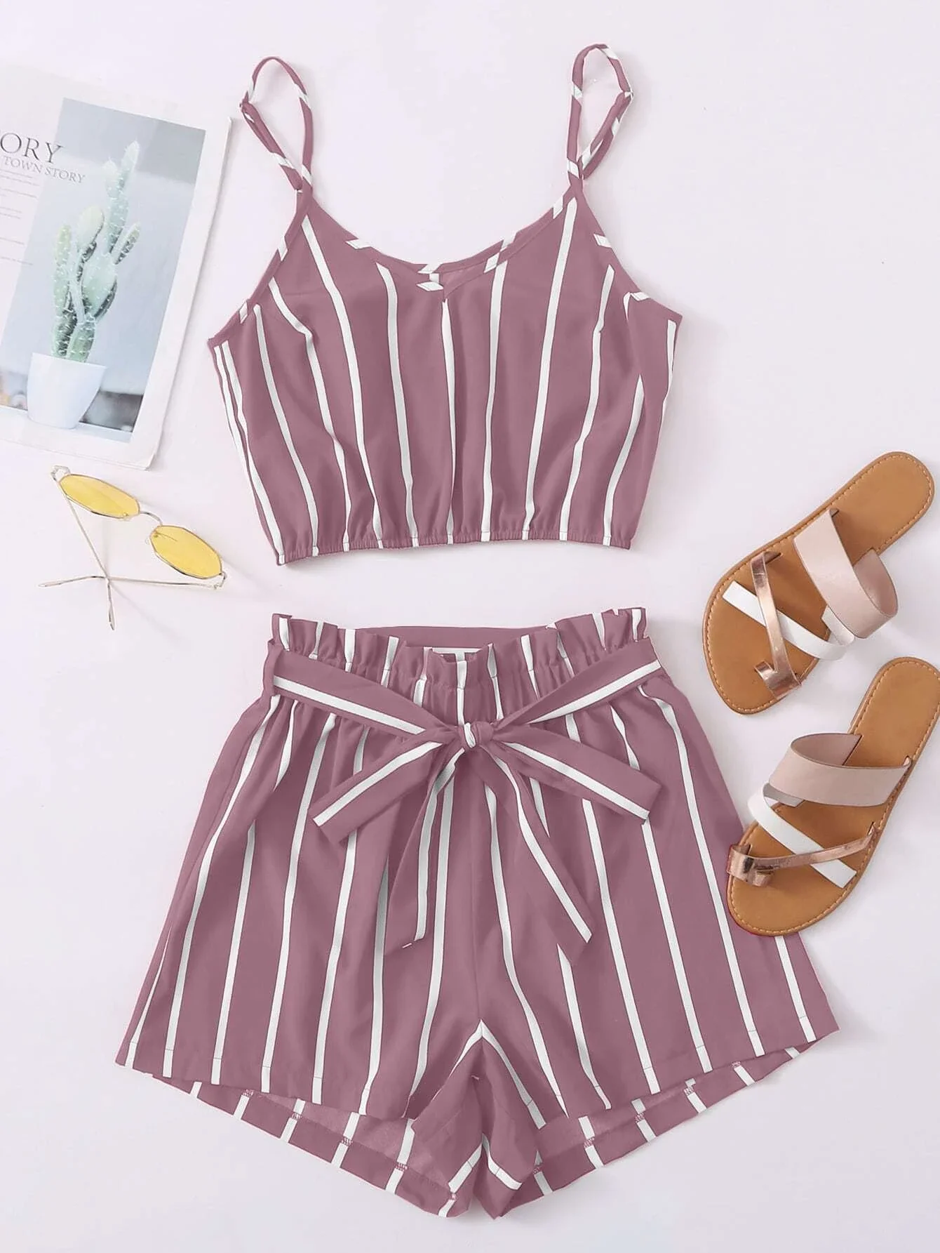 

Striped Cropped Cami Top & Belted Paperbag Shorts Set