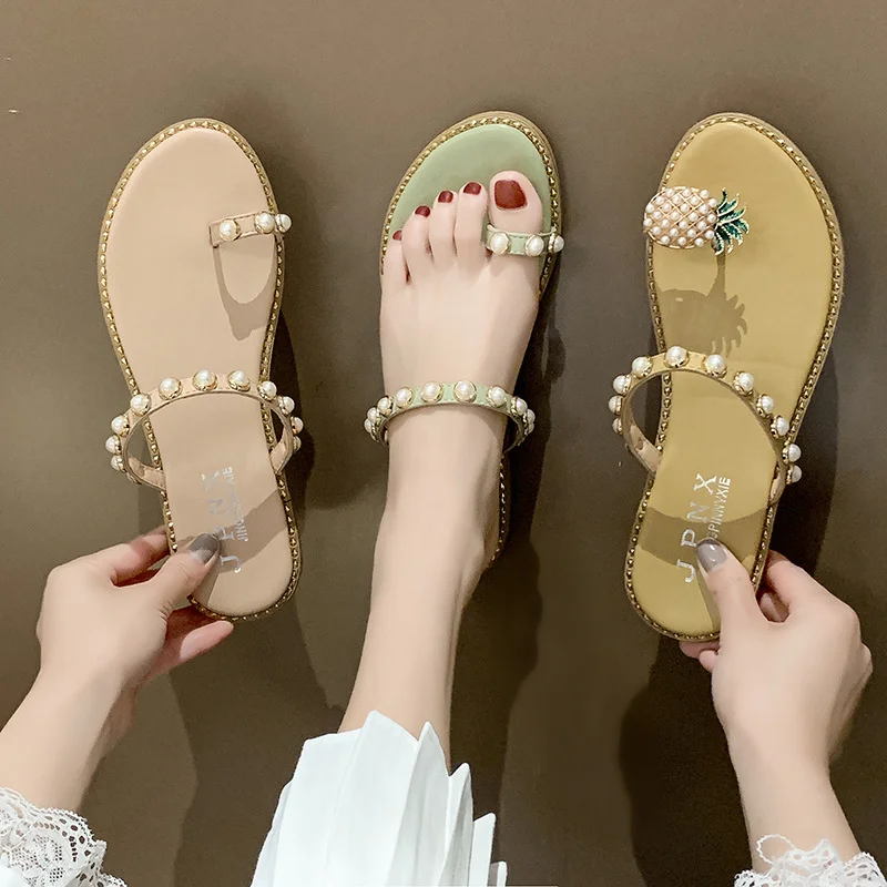 

2022 New Pearl Pineapple Sandals Slippers Fashion Clip Toe Flat Flip-flops Sandals Summer Hollow Out Street Style Beach Shoes