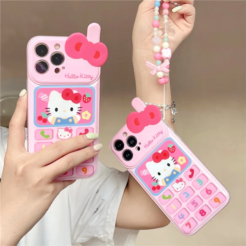 

Sanrio Kawaii HelloKitty Chain Phone Case Anime Cartoon Pink Cute Iphone14 Exquisite Accessories Girl Birthday Festival Gift New