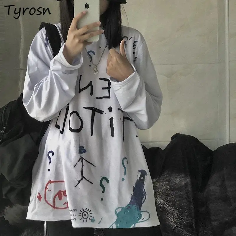 

Hand Painted T-shirts Women Spring Autumn Long Sleeve Clothing BF Vintage Harajuku Chic Fashion Retro Graffiti Unisex Ulzzang