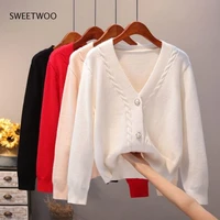 sweater cardigan women autumn winter new v neck pearl single breasted loose short thicken sweater sweet long sleeve knitting top