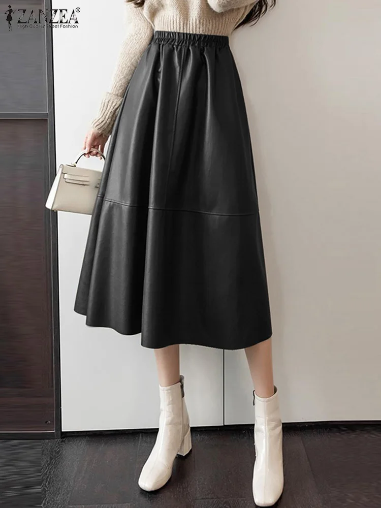

Юбка ZANZEA Женская трапециевидная из экокожи, Модная элегантная повседневная юбка средней длины с завышенной талией для отдыха, уличная одежда, осень