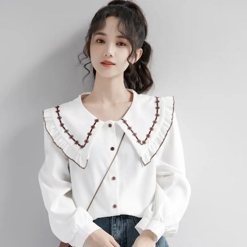 

2023 New Spring Summer Women Elegant Solid Color Blouses Female Doll Collar Fashion Casual Loose Long Sleeve Tops Shirt E169