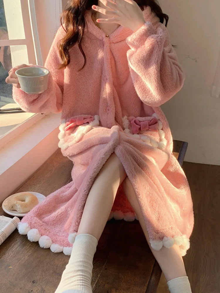 

KIMOKOKM Winter Sweety Princess Fleece Nightgown Dress Kawaii Bow Hooded Cute Keep Warm Single Breasted Pink Pajamas Dresses