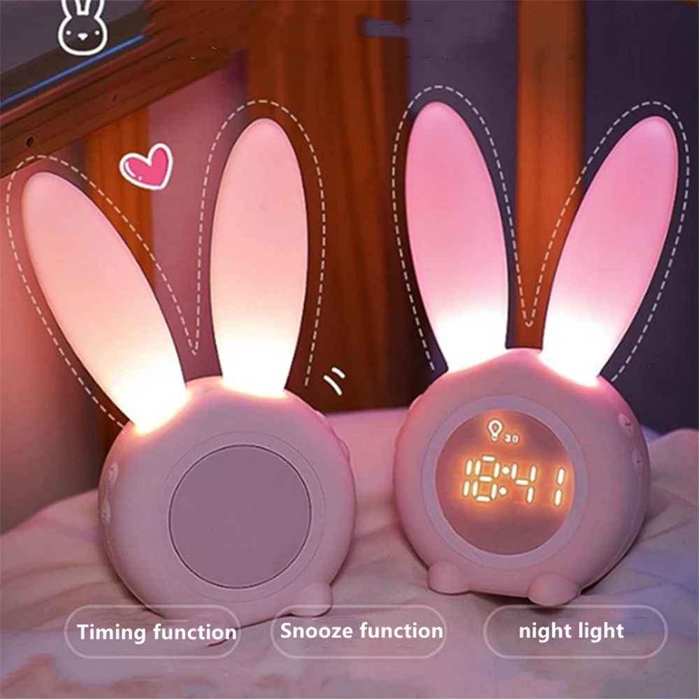 Cute Alarm Clock Children Rabbit Digital Alarm Clock USB Charge Night Light Bedside Desktop Kids Sleep Trainier Wake Up Clock