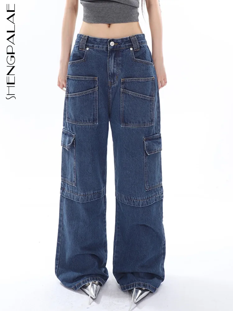 

SHENGPALAE Pocket Patchwork Women's Jeans Fashion High Waist Solid Color Wash Denim Wide Leg Cargo Pants Summer 2023 New 5R4275