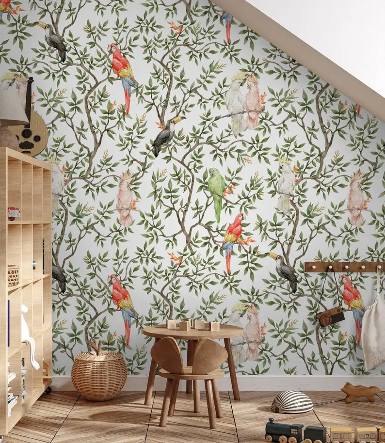 

Tropical Wallpaper | Exotic Parrot and Trees Wall Mural Peel and Stick | Watercolor Botanical Tree Wallpaper