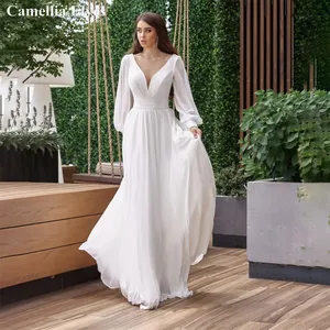 Элегантные свадебные платья а-силуэта с V-образным вырезом 2023 для женщин Свадебное платье с длинными рукавами на шнуровке в стиле бохо женский халат