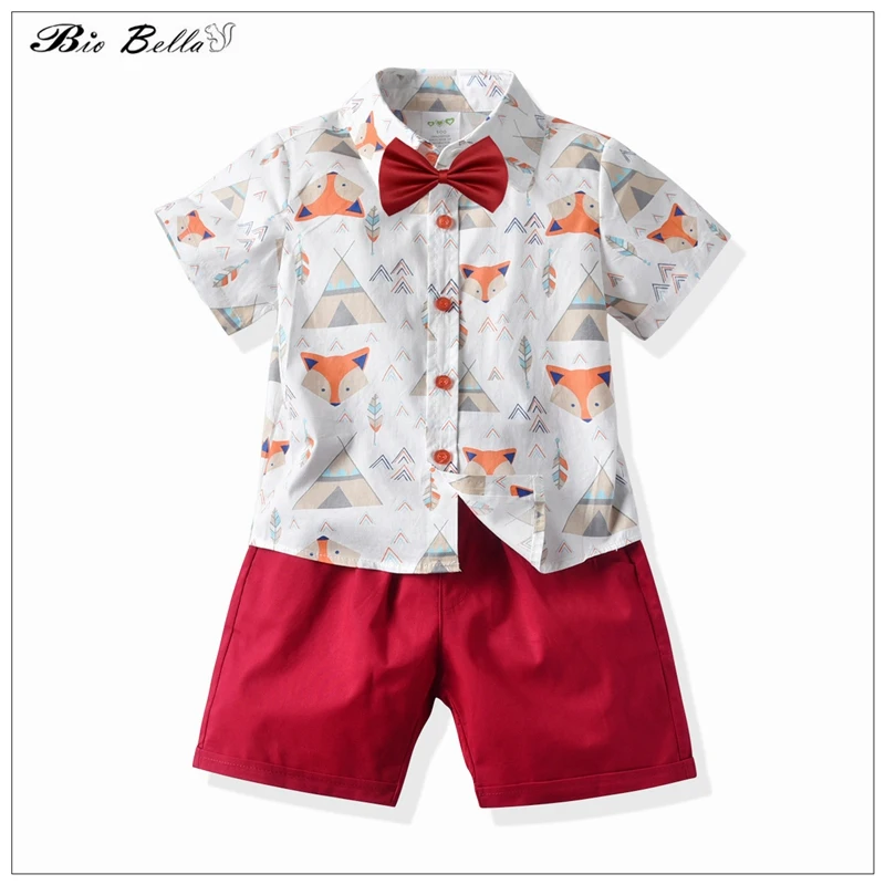 

Biobella комплект одежды для маленьких мальчиков, официальная летняя одежда для мальчиков с коротким рукавом и лисой, красные брюки + футболка, галстук, свадебные костюмы Bebes