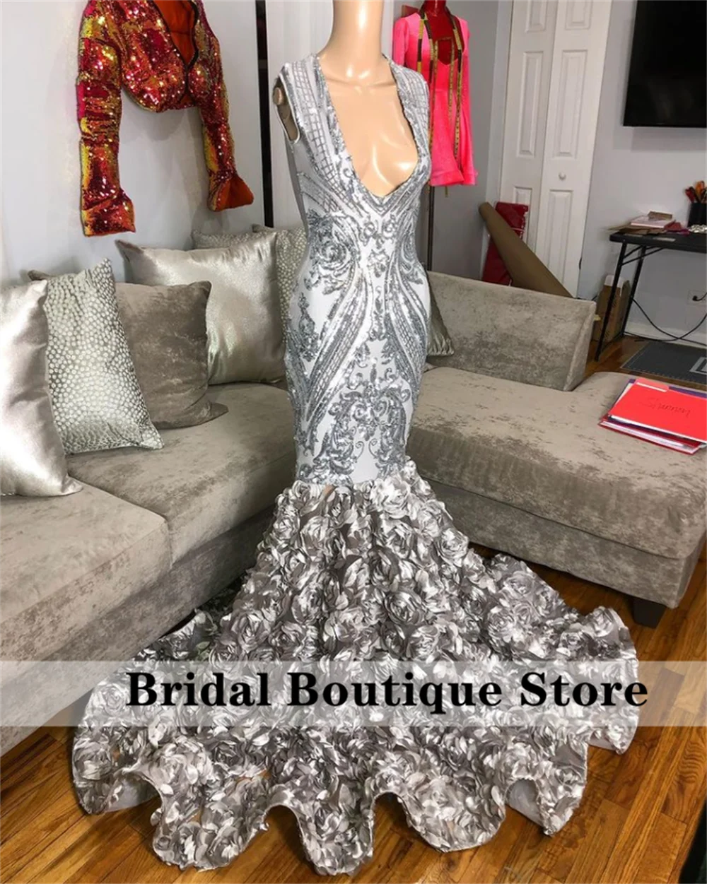 

Sparkly Sexy Silver Mermaid Prom Dress 2022 for Black Girls Sequins Ruffles Aso Ebi Birthday Party Gowns Robe De Bal Custom