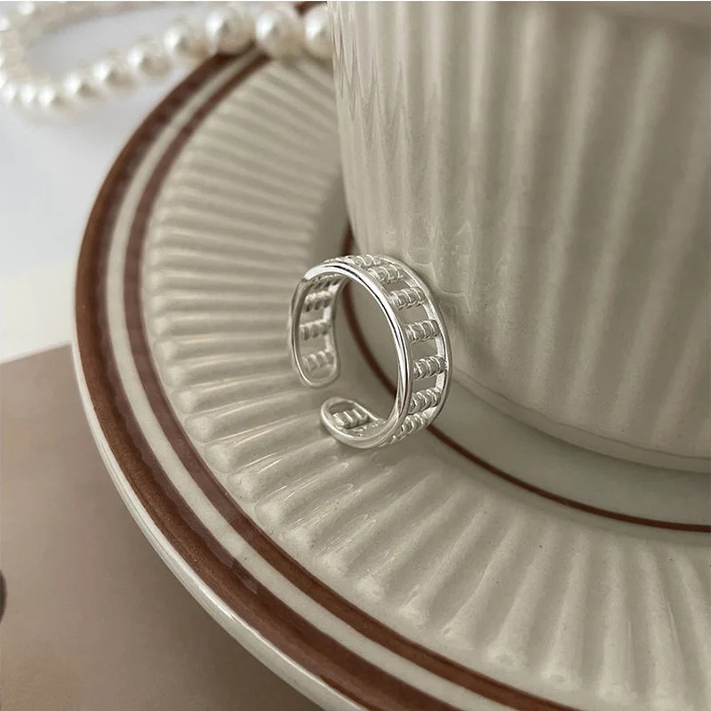 

ALLNEWME Vintage Hollow Silver Color Beaded Wide Chunky Rings for Women Metallic Geometric Adjustable Charm Ring Daily Jewelry
