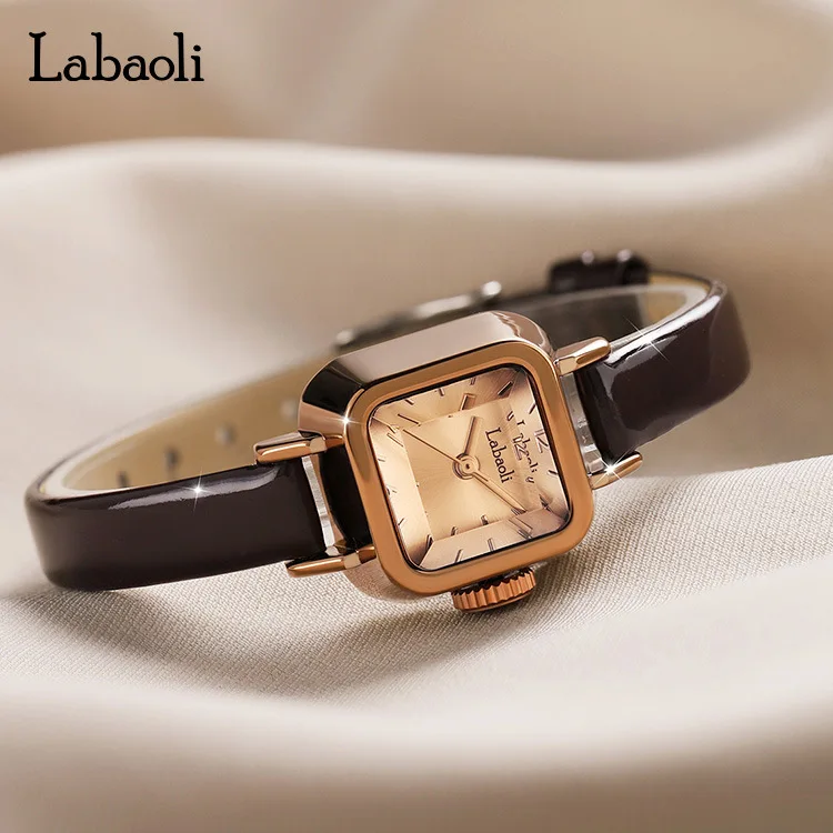 Square LABAOL Classical Women Writst Watches Leather Minimalist Ladies Quartz Watches Rose Gold Small Square Dial Elegant Design