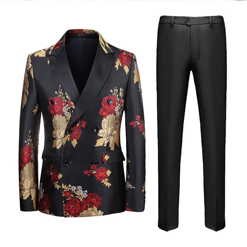 2022 New Floral Double Breasted Men Suits Slim Fit Peaked Lapel Wedding Suits For Men Prom Blazer Groom Tuxedos Jacket Pants