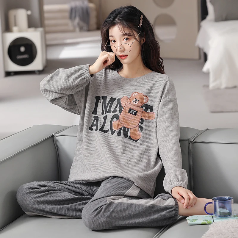 Женские пижамы с милым медведем весенне-осенний комплект из чистого хлопка