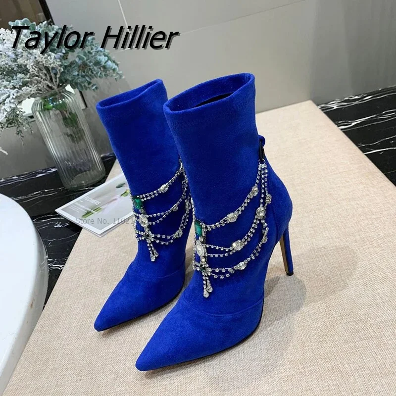 

Women Rhinestone Pointy Toe Elastic Booties Fashion Mid-calf Chunky High Heel Knitted Wool Boots Gladiator Chain Diamond Shoes