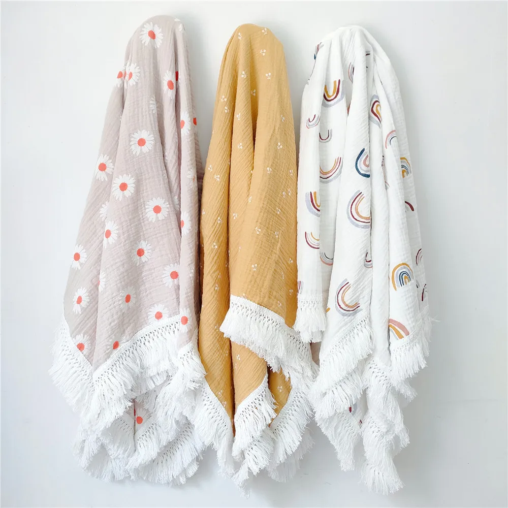 

Baby Soft Organic Cotton Fabric Muslin Tassel Blanket Gauze Wrapped Towel Blankets Swaddle / Wraps