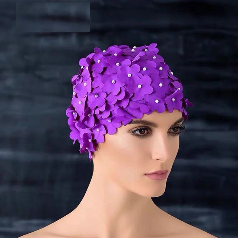

Women Swimming Cap 3D Flower Adult Swim Pool Bathing Hat Protect Long Hair Ears Turban Pleated Fabric Head Wear Yoga Caps