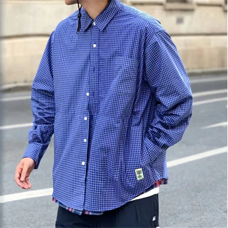 

BEAMS Men's Long Sleeve Shirts 2023 Autumn New Japanese Stripe Plaid Splice Fake Two Piece Casual Single-breasted Oversized Tops