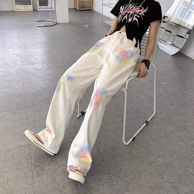 Womens Jeans Tie Dye Trousers White Woman Pants Straight Leg Cowboy Vintage Basics Aesthetic New In Denim Z Loosefit Summer 90s