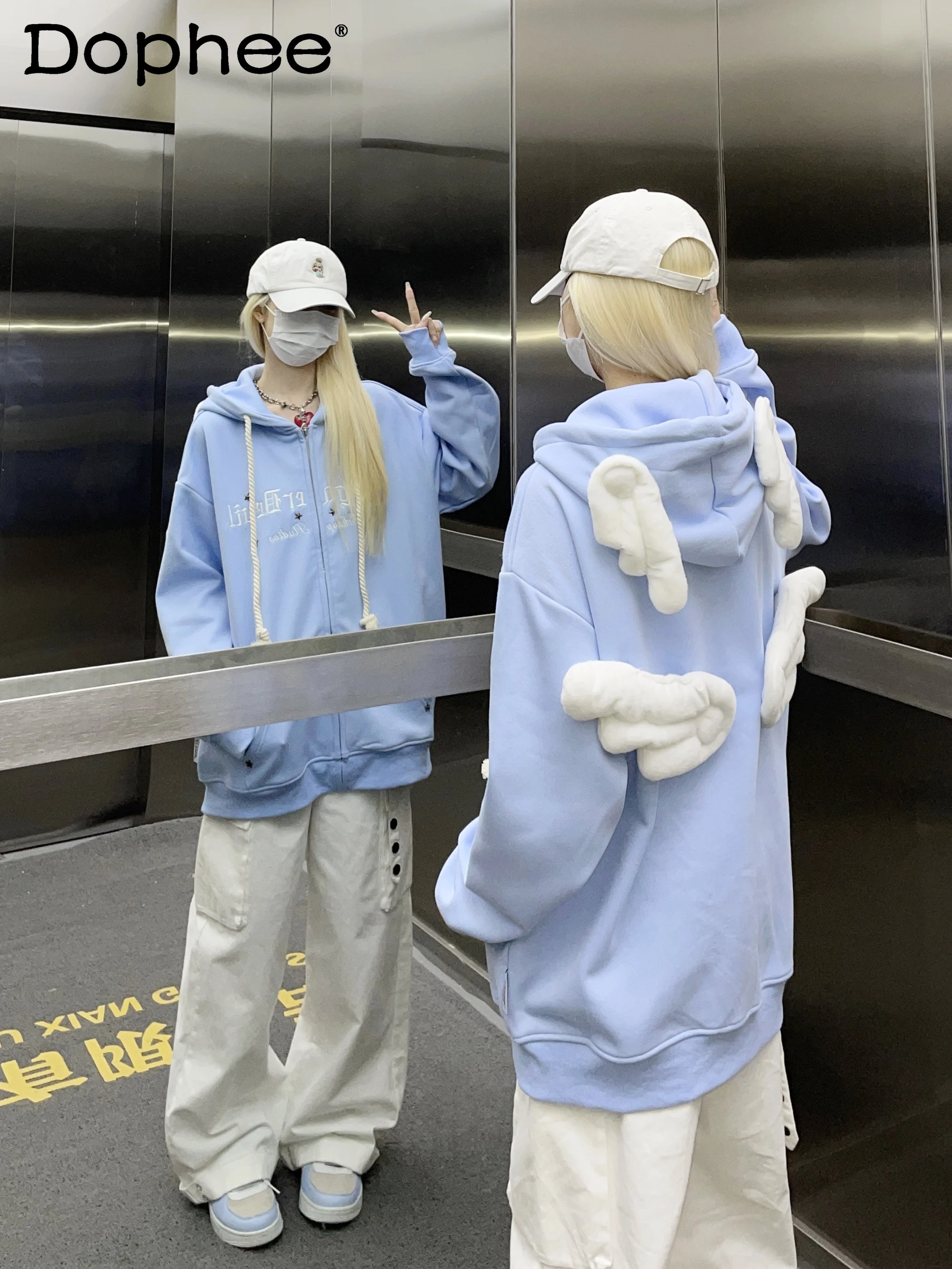 

Fashion Brand Little Wing Letters for Decoration Embroidered Hoodie Women 2023 Autumn Winter Fleece Sweatshirt Cardigan Coat